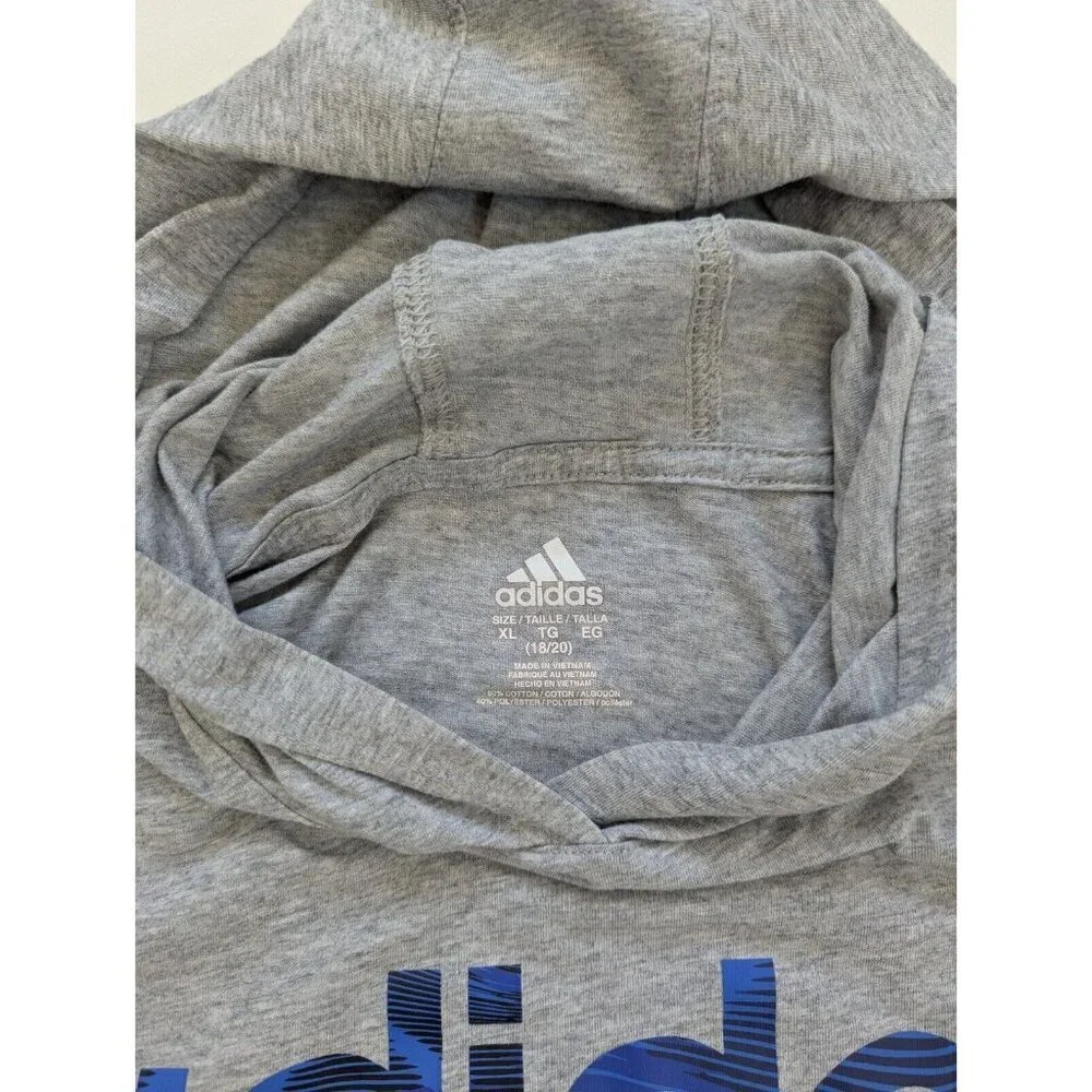 Adidas Linear Hooded Shirt Long Sleeve Youth Size XL 18/20 Grey With Blue Logos